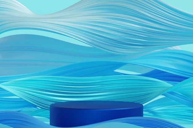 Голубой круглый подиумный пьедестал с роскошным элементом мягкой волны на синем фоне для представления косметических продуктов красоты 3D-рендеринг