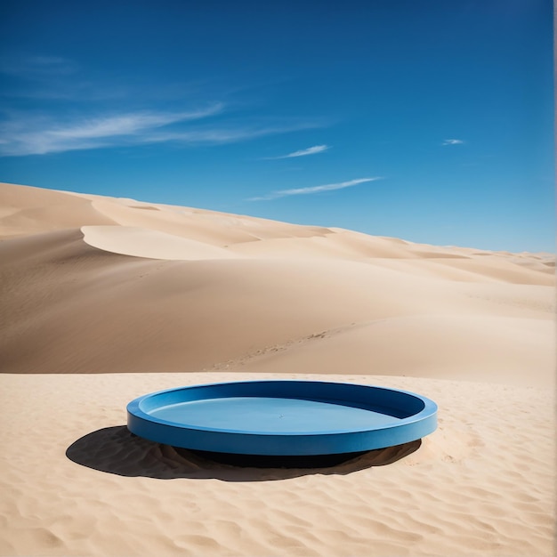 Blue round podium on sand dune with blue sky background High quality photo