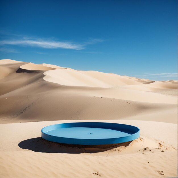 Blue round podium on sand dune with blue sky background High quality photo