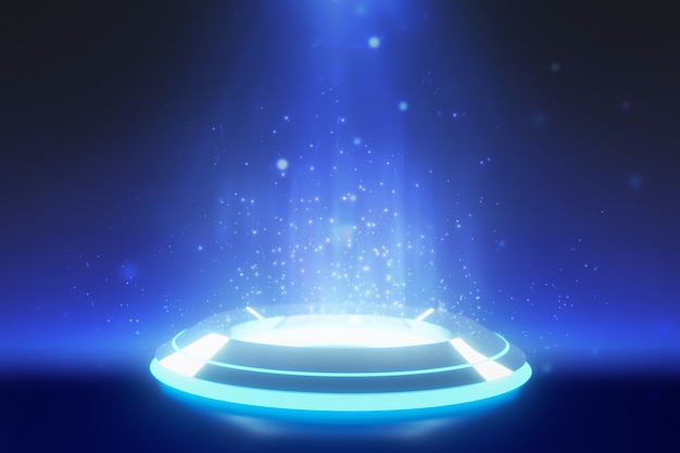 Blue round stage podium with spotlight background