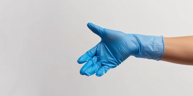 Blue rubber gloves grasping object on white surface in closeup view