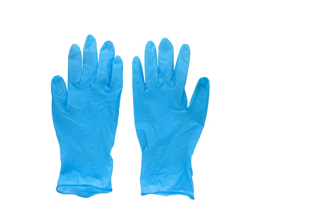 青いゴム手袋1ペア、白い背景で隔離、保護コンセプト