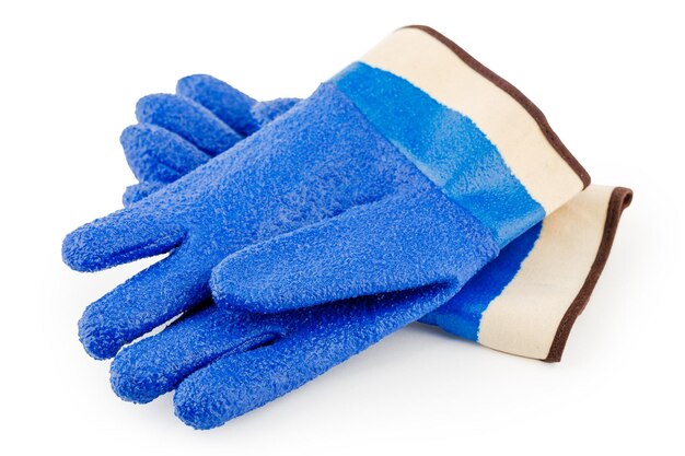 Blue rubber gloves on a white isolated background.