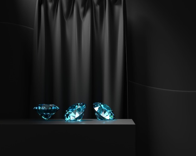 Diamante blu zaffiro posizionato sul podio nero con rendering 3d di sfondo a tendina