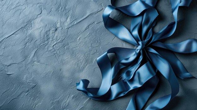 Blue satin ribbon tied in a knot on a textured grey background