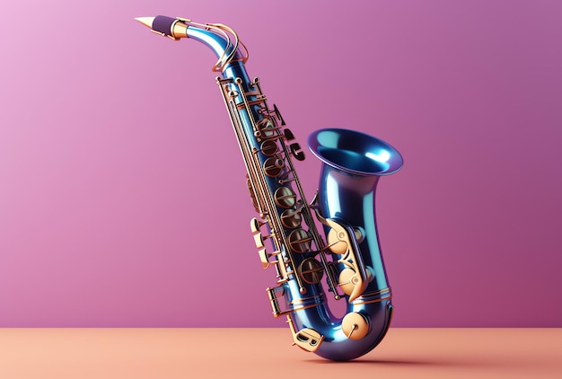 A blue saxophone is on a pink background with the word " jazz " on it.