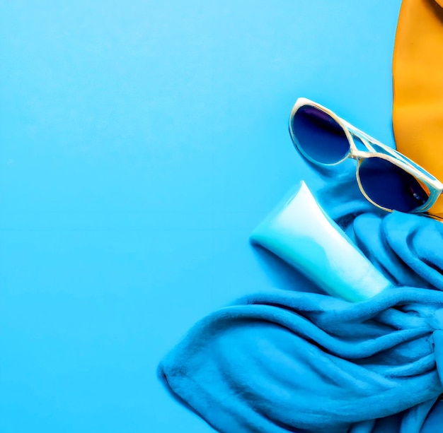 A blue scarf and sunglasses on a blue background with a yellow jacket and sunglasses.