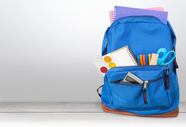 Blue School Backpack  on   background.