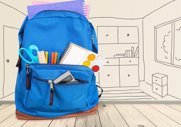 Blue school backpack on background