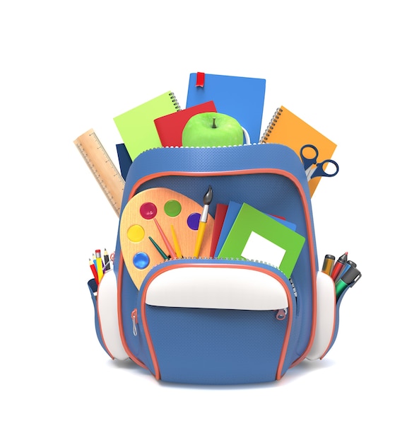 Blue school backpack with pens and copybooks isolated