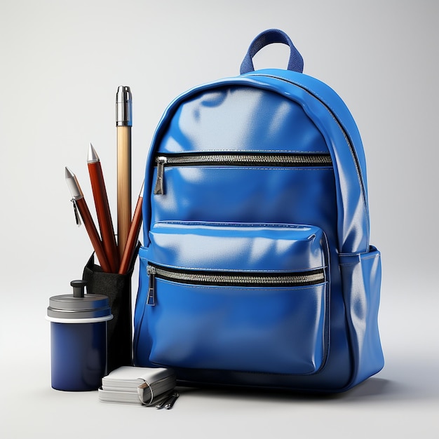 Blue school backpack with stationery on a gray background
