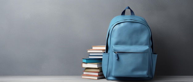 Blue school bag with books and school accessories