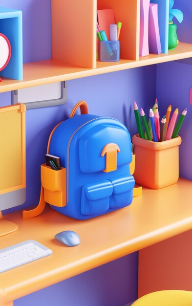 a blue school desk with a blue mailbox and a blue book with the number 1 on itCartoon desk and scho