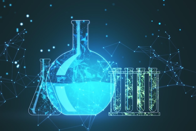 Blue scientific background with low poly network and flasks\
genetic research genetic engineering dna genome modern medicine and\
biotechnology human cell biology 3d rendering