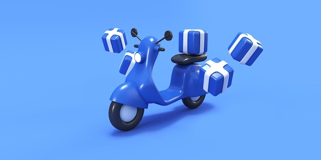 blue scooter with gift packs in blue background 3d render