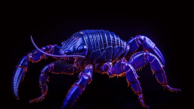 A blue scorpion is on a black background.