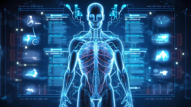 A blue screen shows a human body with the internal organs labeled as the heart.