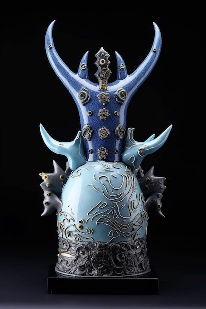 A blue sculpture with a skull and a skull on it