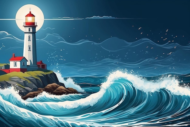 Photo blue sea background with waves and lighthouse vector illustration