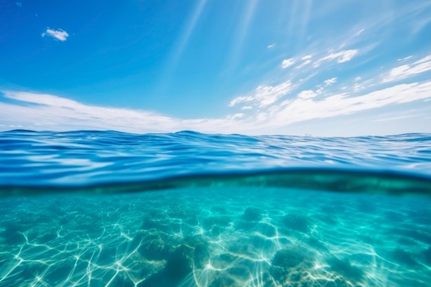 写真 青い海の海の水面と水中晴れと曇り空海の夏の背景の壁紙