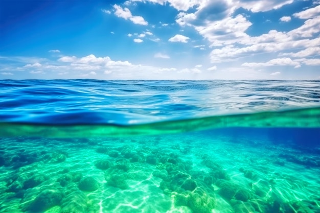 Superficie dell'acqua dell'oceano blu del mare e sott'acqua con carta da parati soleggiata e nuvolosa del fondo di estate di skyseascape