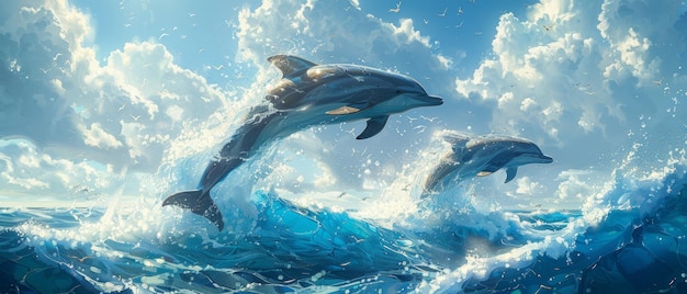 Blue sea and sky white clouds jumping dolphins