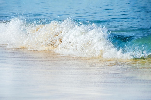 Blue sea wave white foam on the golden beach sand of the sea coast Banner space for text travel concept summer seaside vacation background travel banner design template