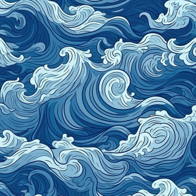 Blue sea waves background in cartoon style Art 2 d texture Generative AI