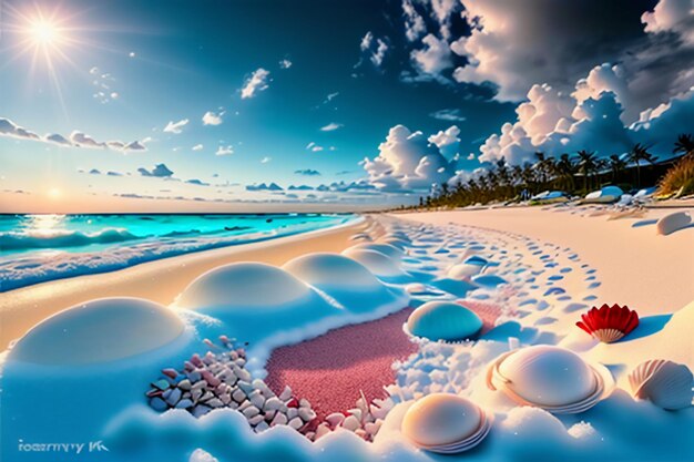 Blue sea waves at dusk sunrise sunset with rose flowers pink shells conch sea salt on sandy beach