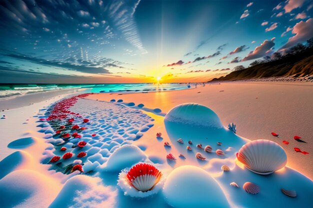 Blue sea waves at dusk sunrise sunset with rose flowers pink shells conch sea salt on sandy beach