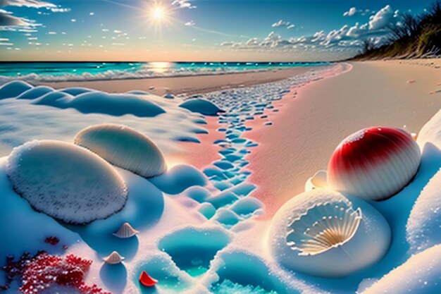 Blue sea waves at dusk sunrise sunset with rose flowers pink shells conch sea salt on sandy beach