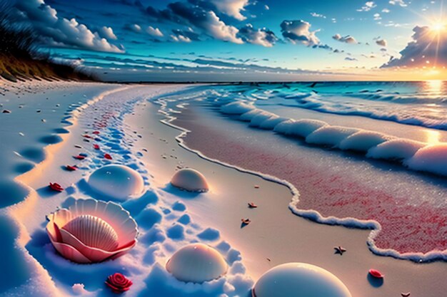 Blue sea waves at dusk sunrise sunset with rose flowers pink shells conch sea salt on sandy beach