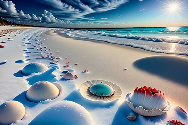 Blue sea waves at dusk sunrise sunset with rose flowers pink shells conch sea salt on sandy beach