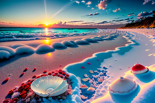 Blue sea waves at dusk sunrise sunset with rose flowers pink shells conch sea salt on sandy beach