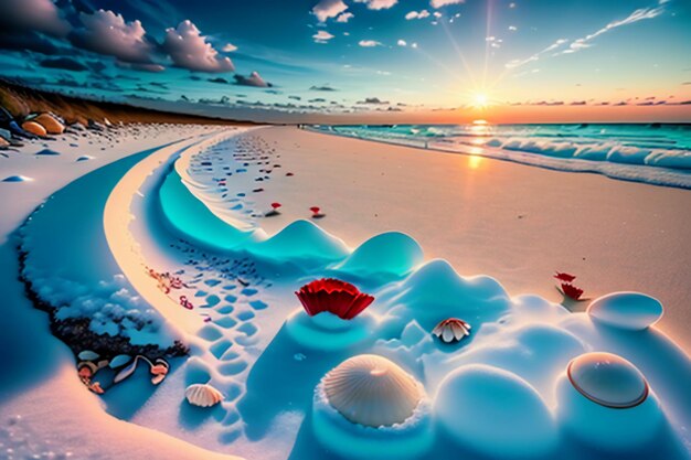 Blue sea waves at dusk sunrise sunset with rose flowers pink shells conch sea salt on sandy beach