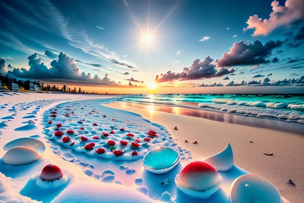 Blue sea waves at dusk sunrise sunset with rose flowers pink shells conch sea salt on sandy beach