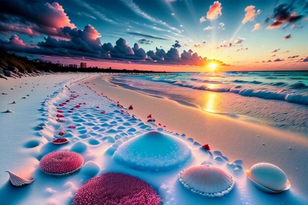 Blue sea waves at dusk sunrise sunset with rose flowers pink shells conch sea salt on sandy beach