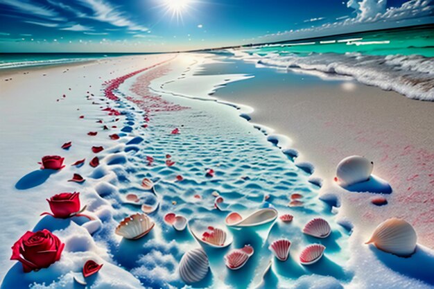 Blue sea waves at dusk sunrise sunset with rose flowers pink shells conch sea salt on sandy beach