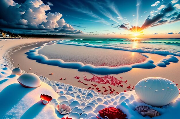 Blue sea waves at dusk sunrise sunset with rose flowers pink shells conch sea salt on sandy beach