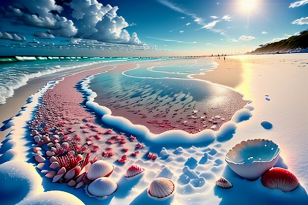 Blue sea waves at dusk sunrise sunset with rose flowers pink shells conch sea salt on sandy beach