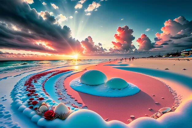 Blue sea waves at dusk sunrise sunset with rose flowers pink shells conch sea salt on sandy beach