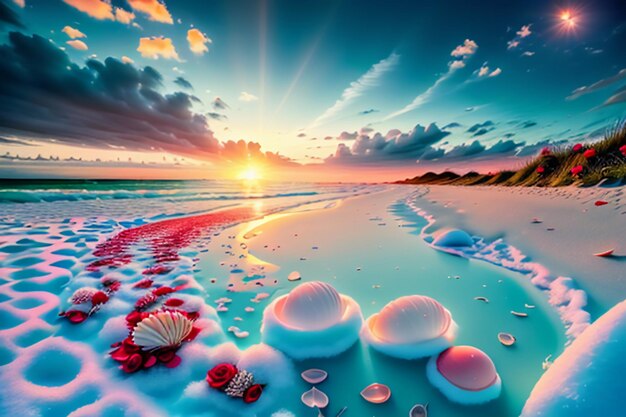 Blue sea waves at dusk sunrise sunset with rose flowers pink shells conch sea salt on sandy beach