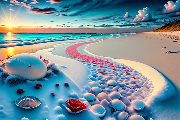 Blue sea waves at dusk sunrise sunset with rose flowers pink shells conch sea salt on sandy beach