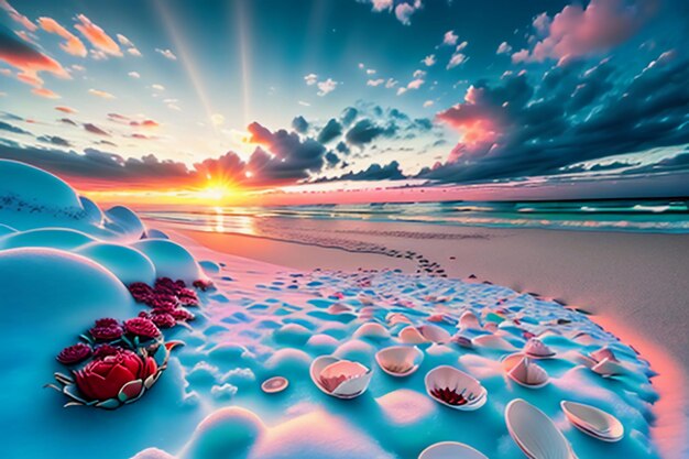 Blue sea waves at dusk sunrise sunset with rose flowers pink shells conch sea salt on sandy beach