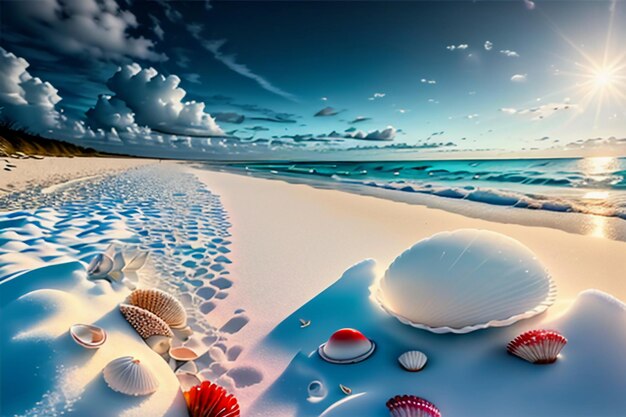 Blue sea waves at dusk sunrise sunset with rose flowers pink shells conch sea salt on sandy beach