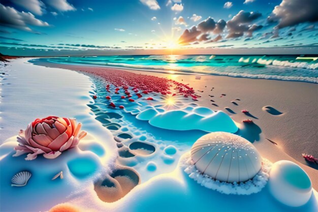 Blue sea waves at dusk sunrise sunset with rose flowers pink shells conch sea salt on sandy beach