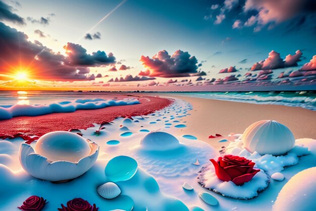 Blue sea waves at dusk sunrise sunset with rose flowers pink shells conch sea salt on sandy beach