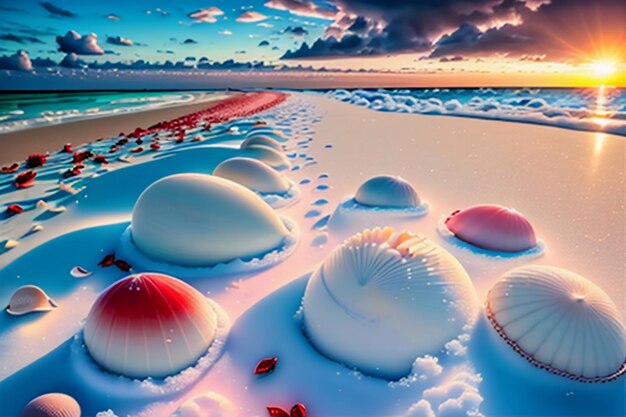 Blue sea waves at dusk sunrise sunset with rose flowers pink shells conch sea salt on sandy beach