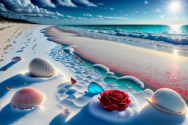 Blue sea waves at dusk sunrise sunset with rose flowers pink shells conch sea salt on sandy beach