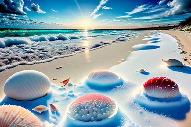 Blue sea waves at dusk sunrise sunset with rose flowers pink shells conch sea salt on sandy beach